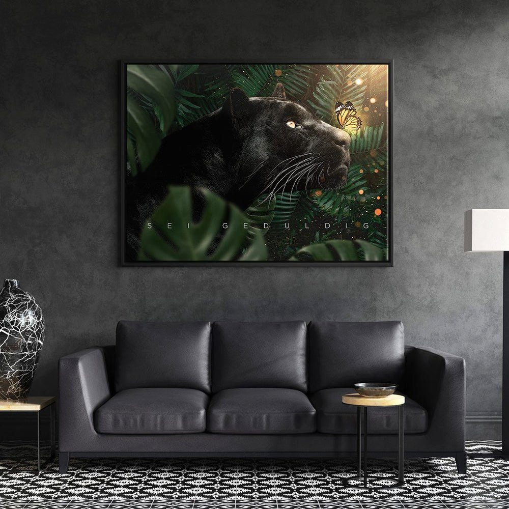 Dschungel Motivation Leinwandbild g Deutsch, Panther BE DOTCOMCANVAS® Tier Schmetterling weißer schwarzer Rahmen CURIOUS, Wandbild
