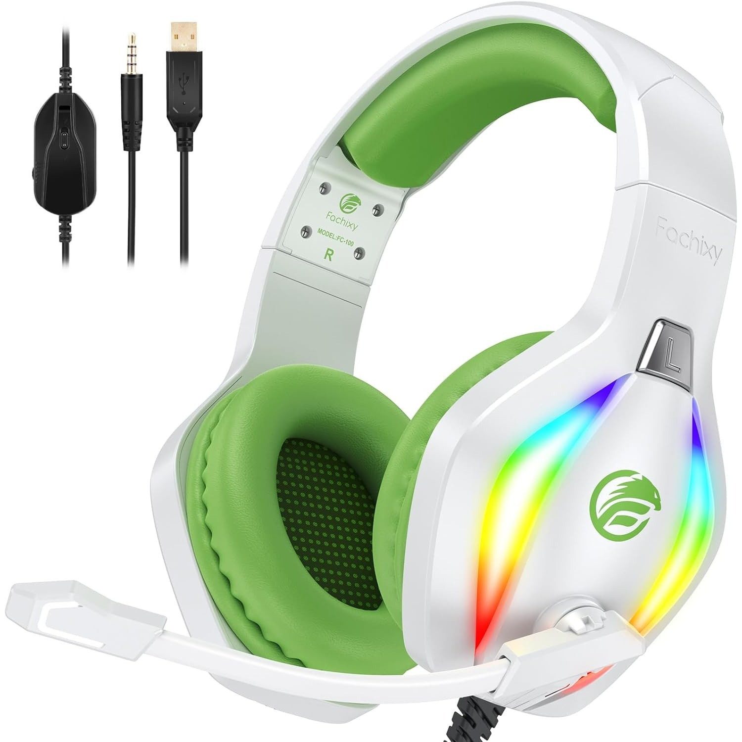 Fachixy FC100 mit Mikrofon für PS4/PS5/PC/Xbox/Nintendo Switch Gaming-Headset (Xbox One Headset mit RGB-Beleuchtung, RGB-Beleuchtung)