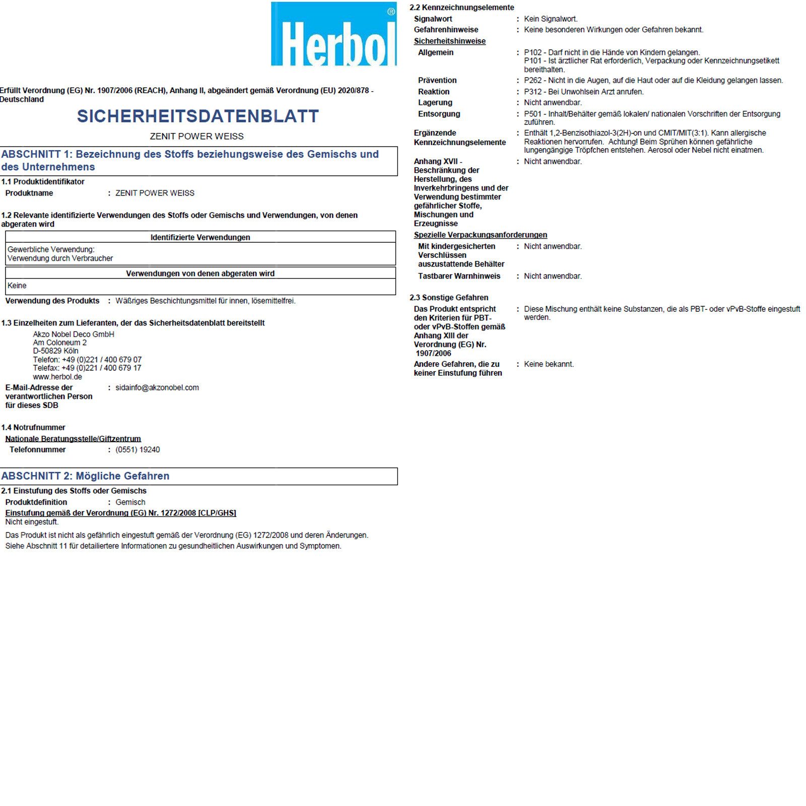 Herbol Wandfarbe Zenit Power Tuchmatt - 5 Ltr (Weiss)