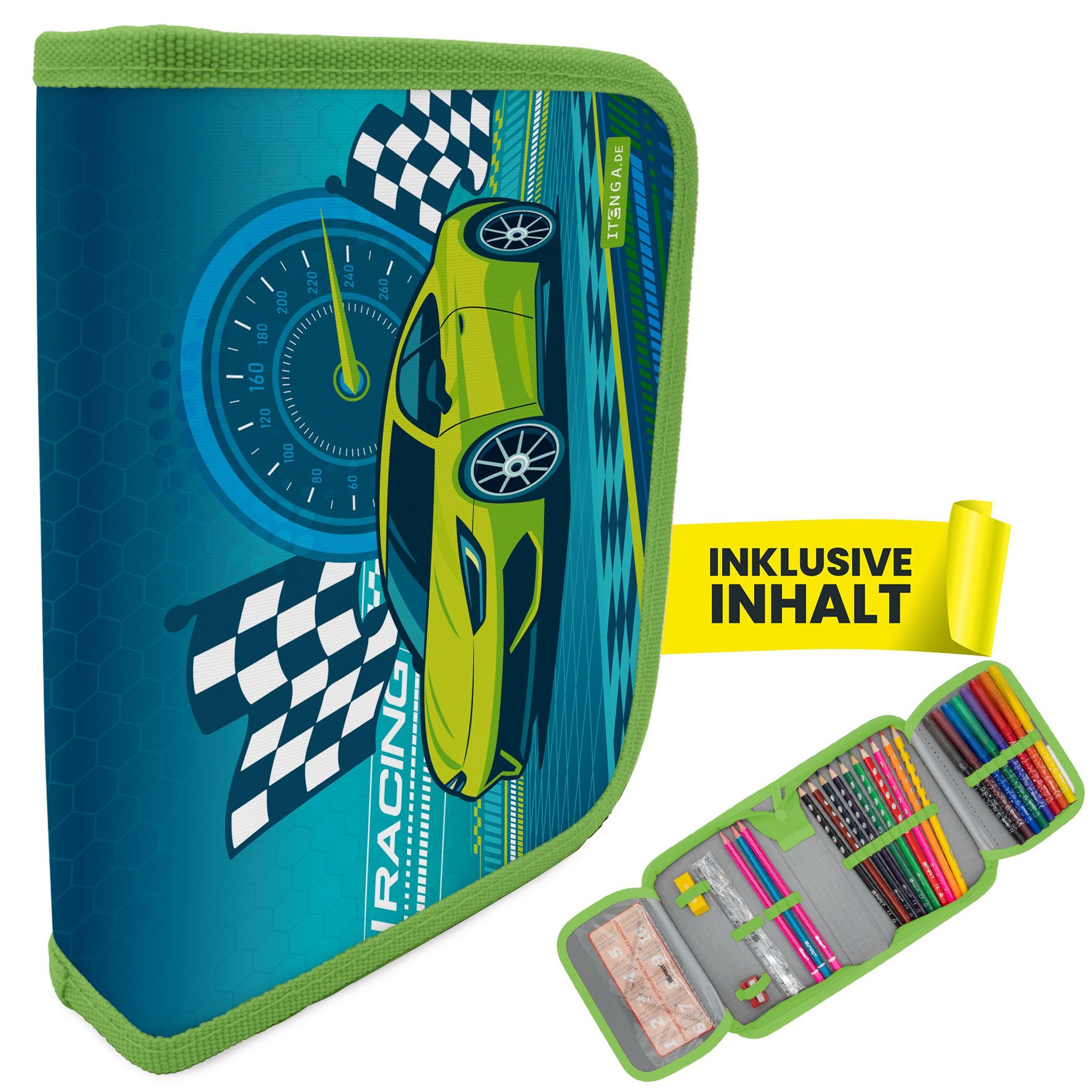 itenga Federmäppchen itenga Schüler-Etui Mäppchen Rennauto Nitron 28 teilig (gefüllt) 1-Zip