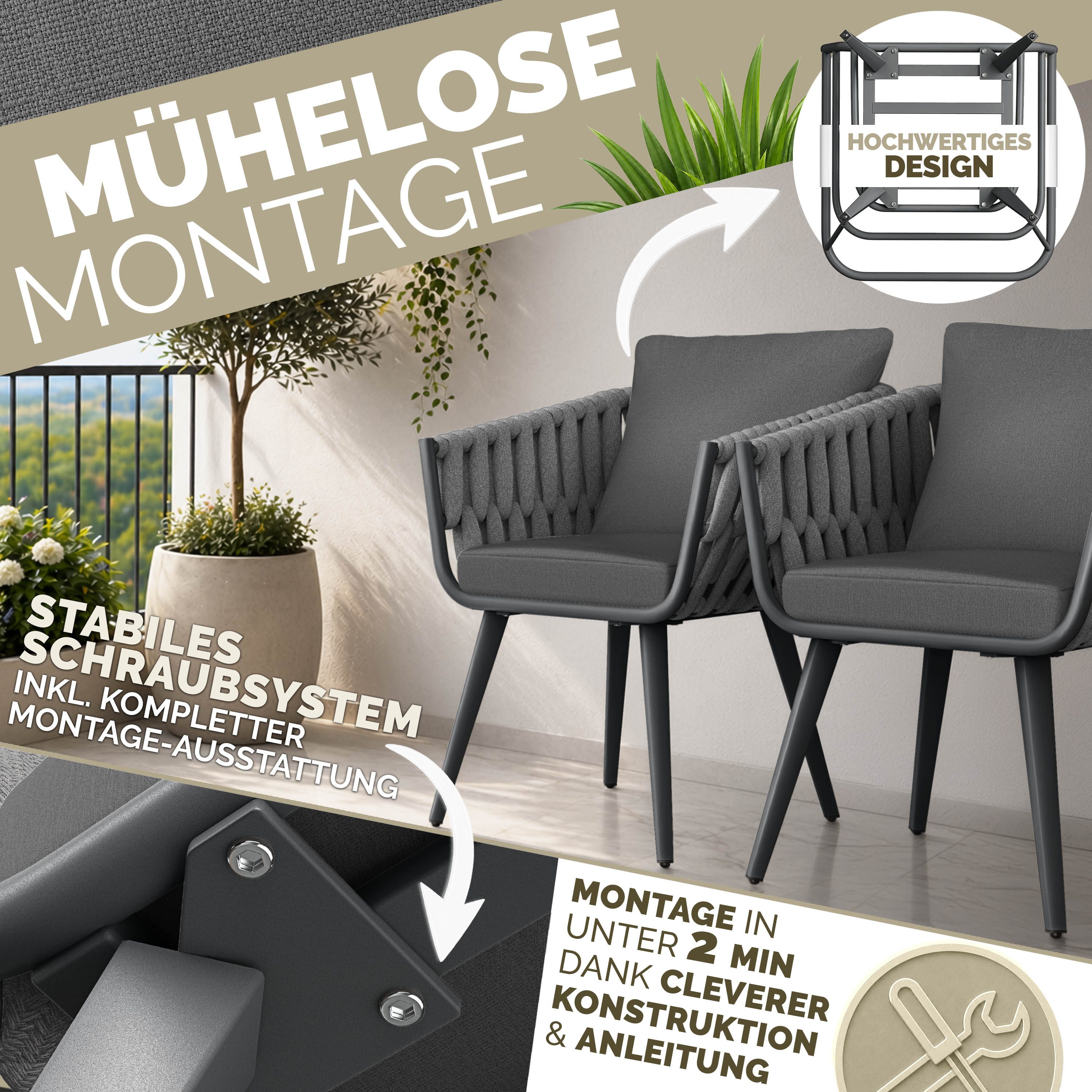 tillvex Gartentisch tillvex® Gartenstuhl Set Wetterfest mit Armlehne Rope Design (Gartenstühle UV-beständig Terrassenstuhl Rope Sessel Gartenmöbel, 2-St., Desig – Bild 4 von 5