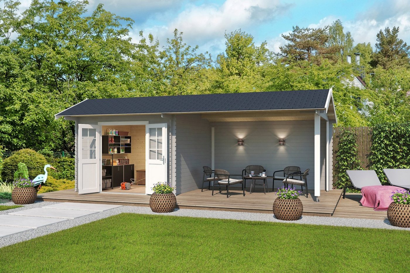 Thumbnail - LASITA MAJA Gartenhaus New York, BxT: 700x389 cm, (Set), Blochbohlenhaus 34mm, Fundamentmass 3000x3000+3800, Lichtgrau