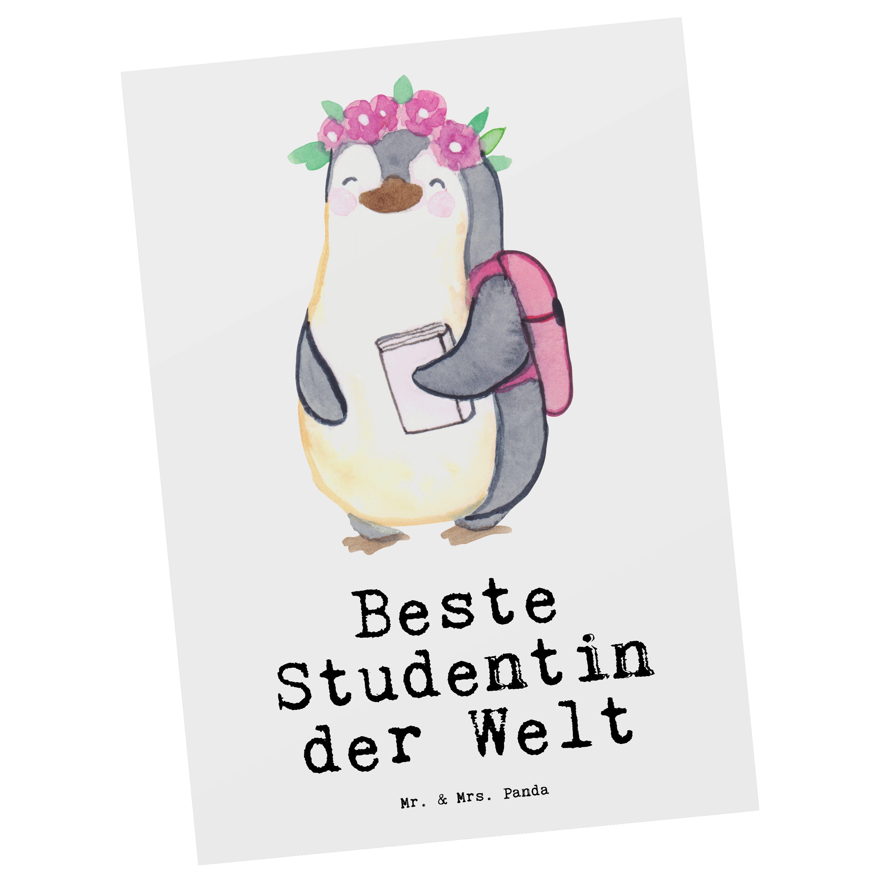 Mr. & Mrs. Panda Postkarte Pinguin Beste Studentin der Welt - Weiß - Geschenk, Mitbringsel, Geburtstagsgeschenk, Hochschule, Grußkarte, Karte, Uni, Einladung, Geschenktipp