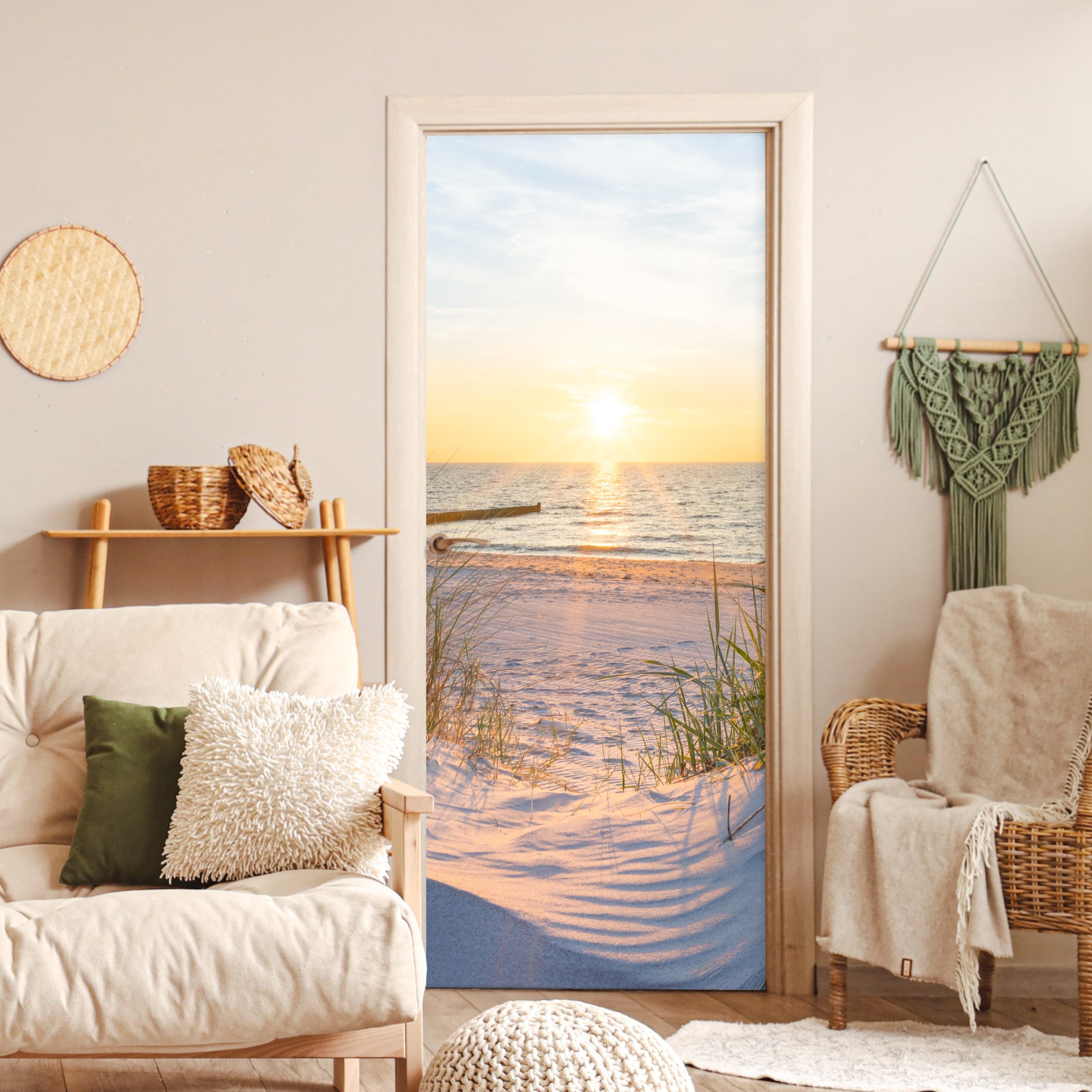 MuchoWow Türtapete Strand - Sonne - Düne - Gras - Sand - Horizont, Matt, bedruckt, (1 St), Selbstklebende Tapete, Folie für Möbel, 70x215 cm – Bild 4 von 5