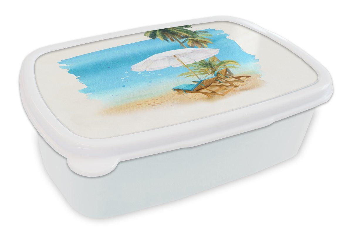MuchoWow Lunchbox Strandkorb - Sonnenschirm - Palmen - Wasserfarben, Kunststoff, (2-tlg), Brotbox für Kinder und Erwachsene, Brotdose, für Jungs und Mädchen weiß