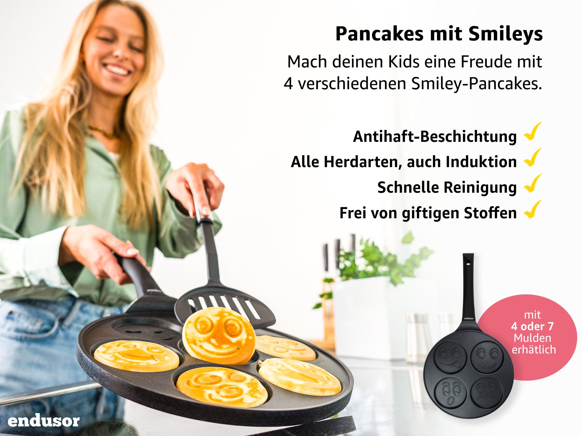 endusor Crêpepfanne Pancake Pfanne ⌀26cm mit 4 Smiley Motiven für Kinder, Aluminiumguss (Alle Herdarten inkl. Induktion, Ø 26cm Bratpfanne), modernster Antihaft-Beschichtung & Eisenkernboden für Pancakes & Mehr