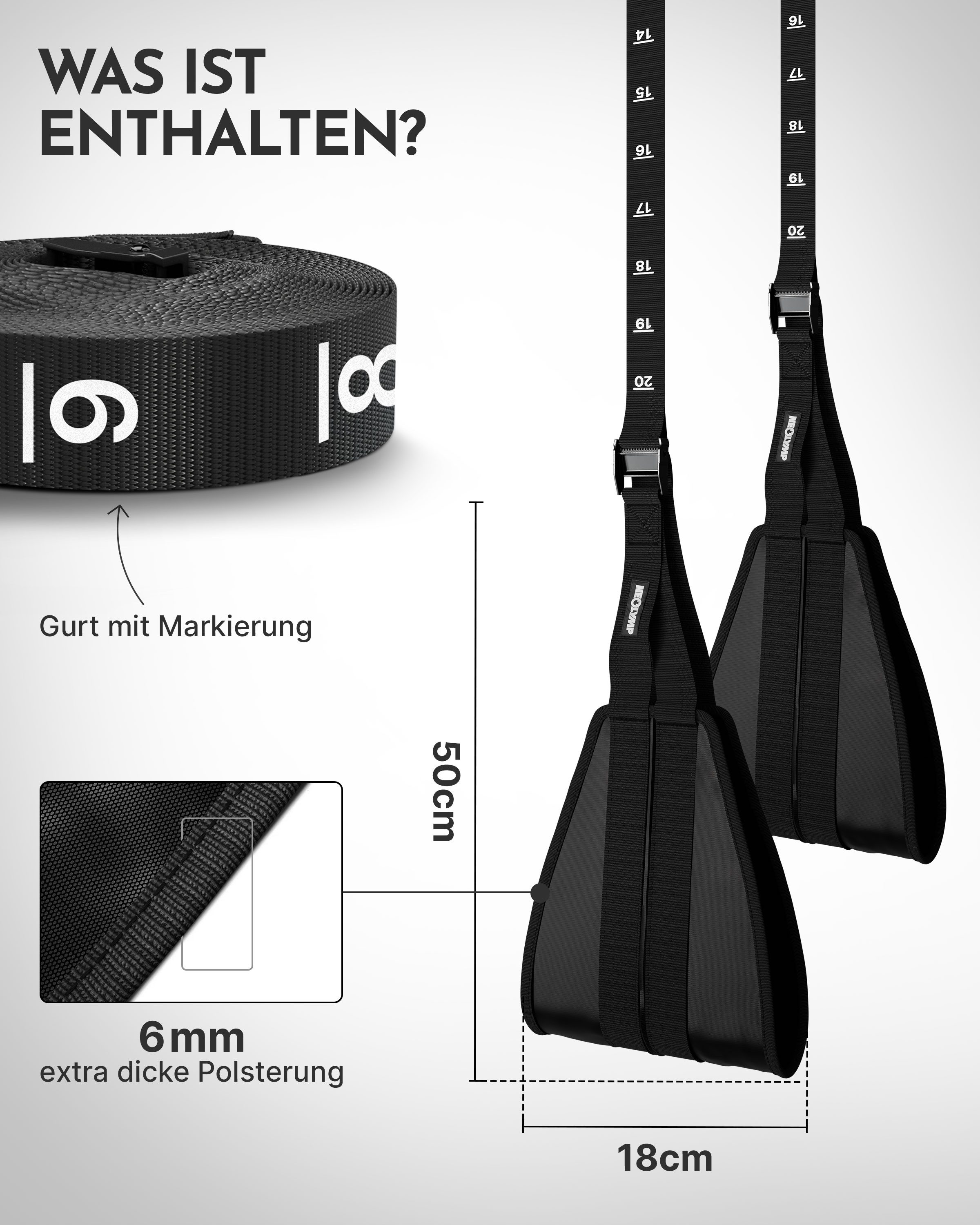 NEOLYMP Bauchtrainer Bauchmuskelschlaufen - Armschlaufen mit Edelstahl-Haken, gepolstert (2x Armschlaufen, Edelstahl-Haken, verstellbar & Nylon-Tragetasche), Bauch Trainingsgerät bis 250 kg belastbar und höhenverstellbar