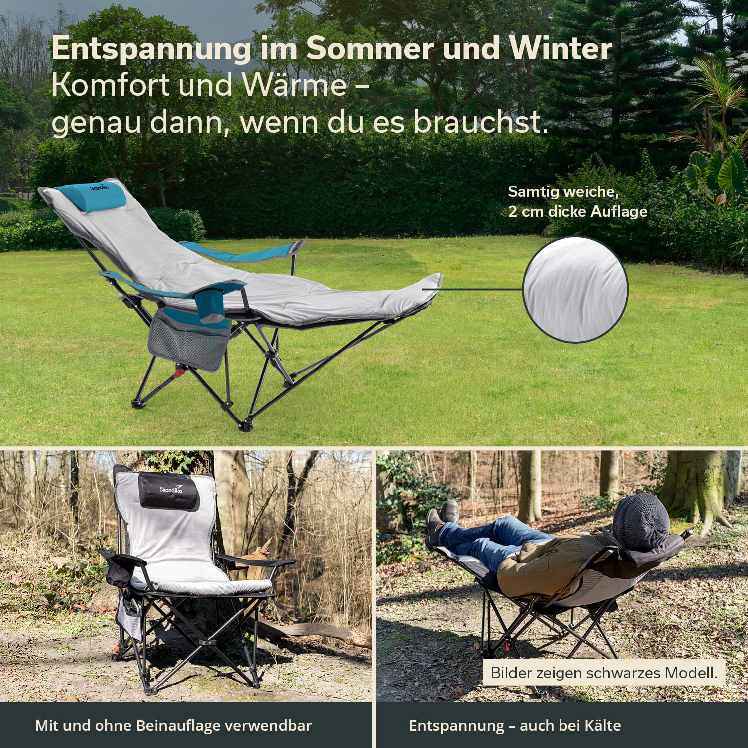 Skandika Campingstuhl Toras mit Fußablage und mit Auflage, 2-in-1 Liegefunktion (Max. Benutzergewicht 120 kg, Gewicht: 4,7 kg, Kopfkissen), verstellbare Rückenlehne, leicht, Klappstuhl mit Getränkehalter