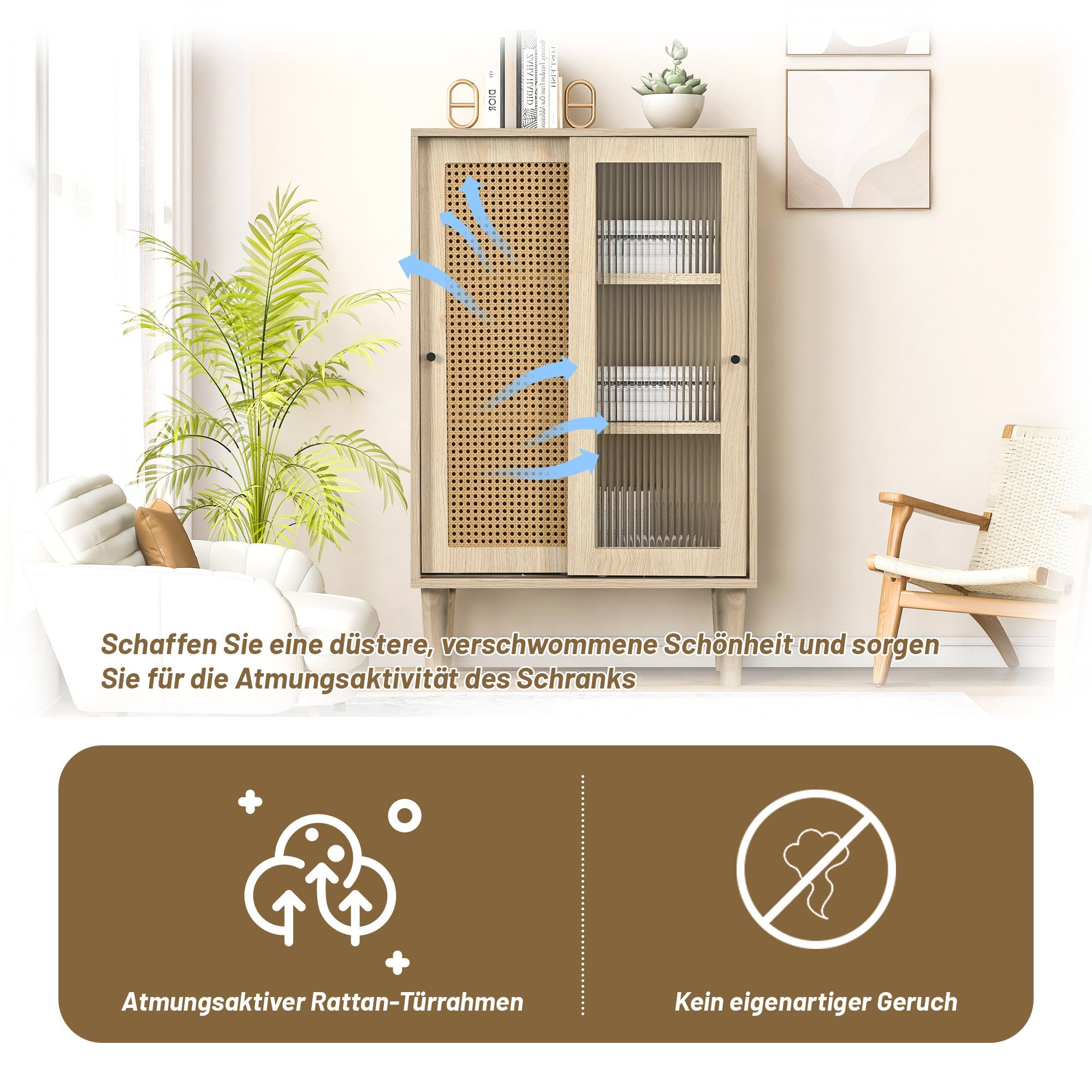 Merax Highboard, mit Glastür und Rattangeflecht,Vitrine günstig online kaufen