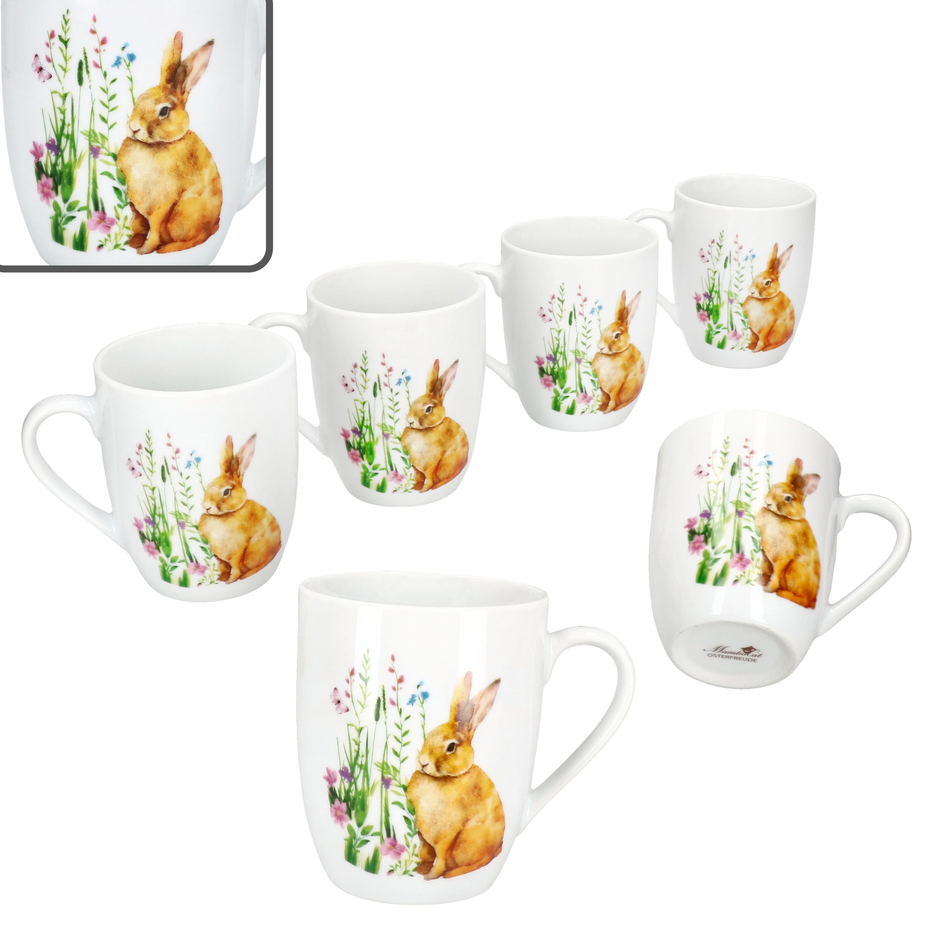 Becher 6x Osterfreude Kaffeebecher 280ml Porzellan-Tassen 6 Pers Blumen Hase