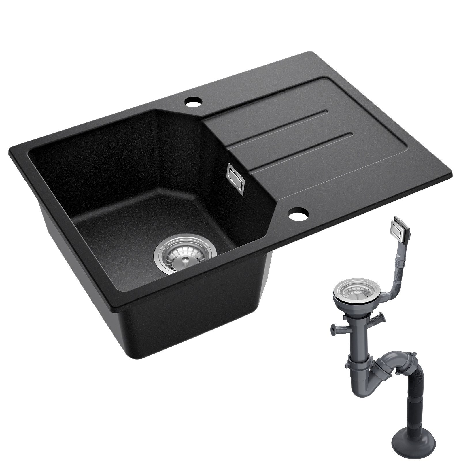 Anycee max Granitspüle Küchenspüle Einbauspüle inkl. Siphon Abtropffläche 65x45 cm Schwarz, Küche Granit Spülbecken mit 80% Quarzsand