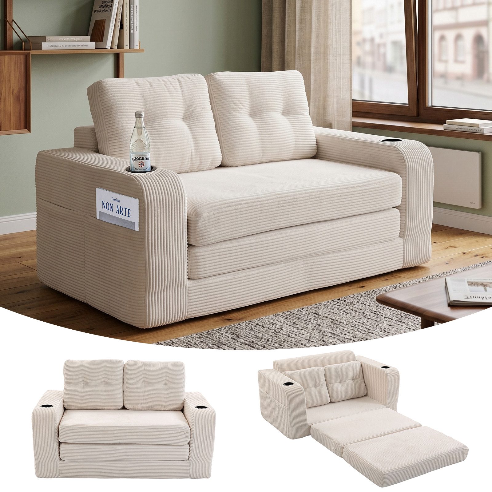 GLP Schlafsofa 2-Sitzer, Sofa 136x80 cm, Klappsofa platzsparend, mit Getränkehaltern, Seitentaschen, Liegefläche 186x100 cm