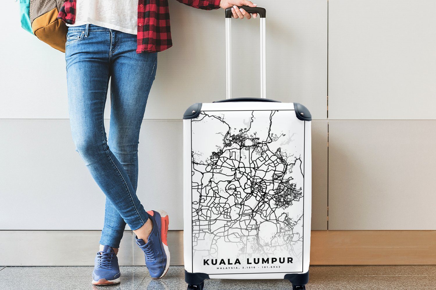 MuchoWow und Handgepäckkoffer - - - 4 rollen, Karte mit Kuala Trolley, Schwarz Rollen, für Reisetasche Ferien, weiß, Reisekoffer Handgepäck Stadtplan Lumpur