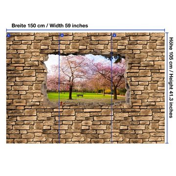 wandmotiv24 Fototapete 3D Sakura Blumen blühen - Steinmauer, glatt, Wandtapete, Motivtapete, matt, Vliestapete