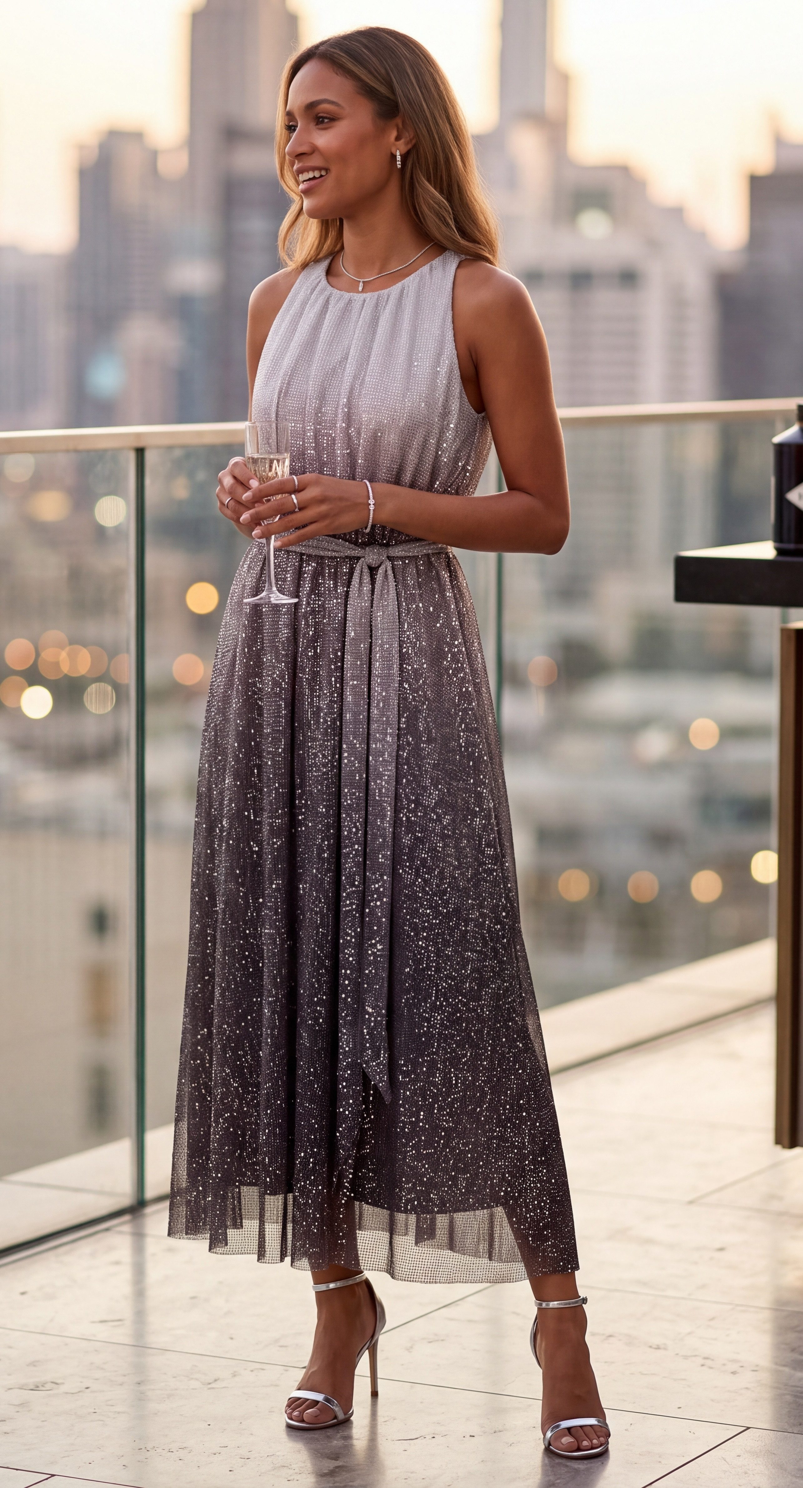Awama Maxikleid mit Pailletten und Bindegürtel