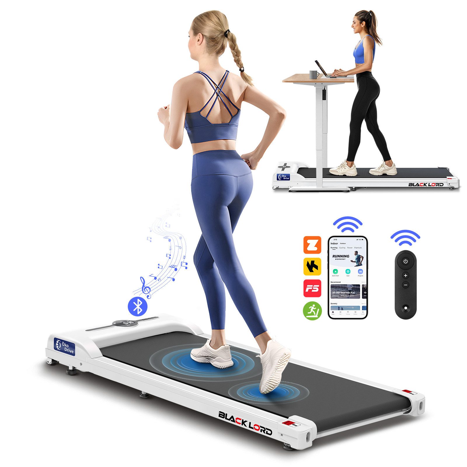BLACK LORD Laufband für Zuhause, Walking Pad, mit LED-Anzeige 12km/h mit Steigung (1-tlg), mit Bluetooth, Fernbedienung, 1-9 km/h, 119 x 48,5 x 12 cm