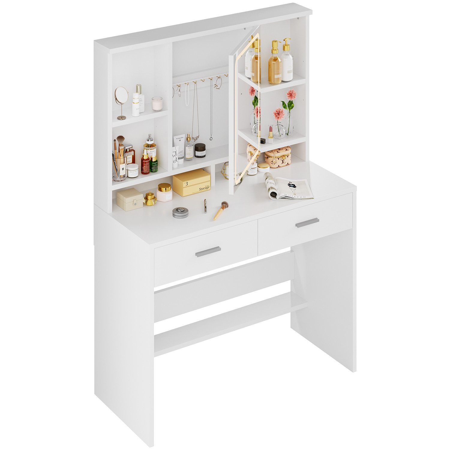 Schminktisch Schminktisch mit Spiegel und LEDs 2 Schubladen 6 Ablagefächer