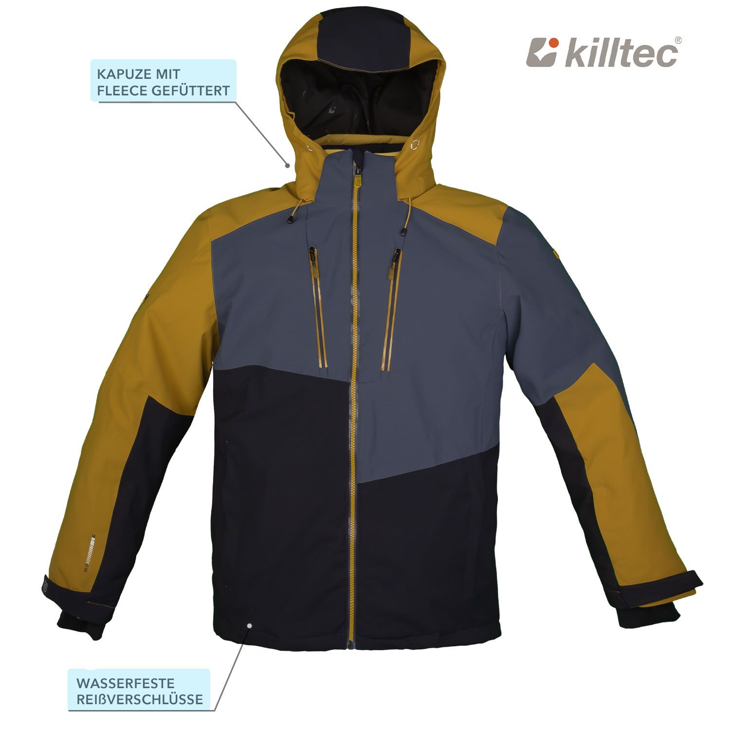 Killtec Skianzug Herren Skijacke schwarzgelb + Skihose senfgelb, Skipasstasche am Ärmel