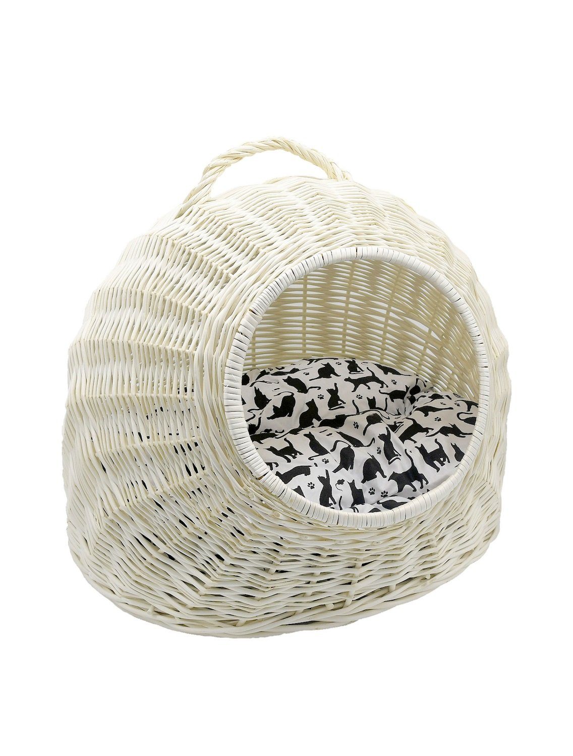 MyBer® Tierbett Tier Katzen Bett Liege Korbhöhle Katzenhöhle Katzenkorb weiß, weiß, mit Kissen mit Katzenmuster und Tragegriff, geflochten mit Kissen Handarbeit 50/40/40cm K5-081-W-SWBK