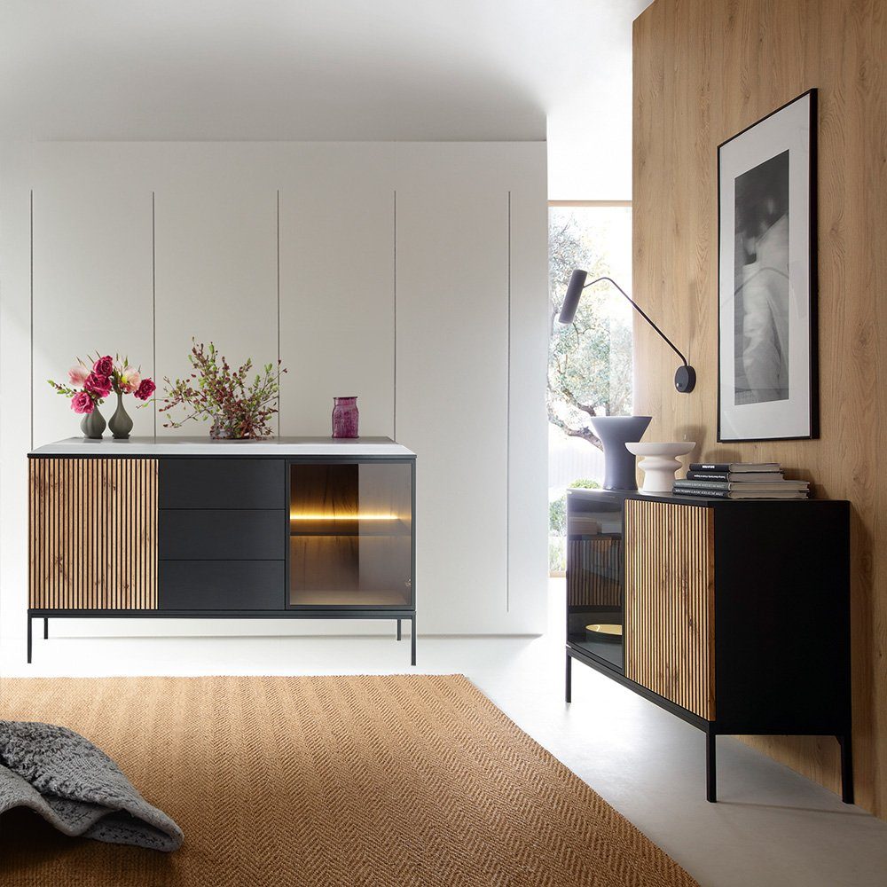 Lomadox Wohnzimmer-Set SIBARI-160, (Mega-Spar-Set, 2-St., 2-tlg), Kommode, Sideboard, schwarz, Wotan Eiche Nb., grifflos