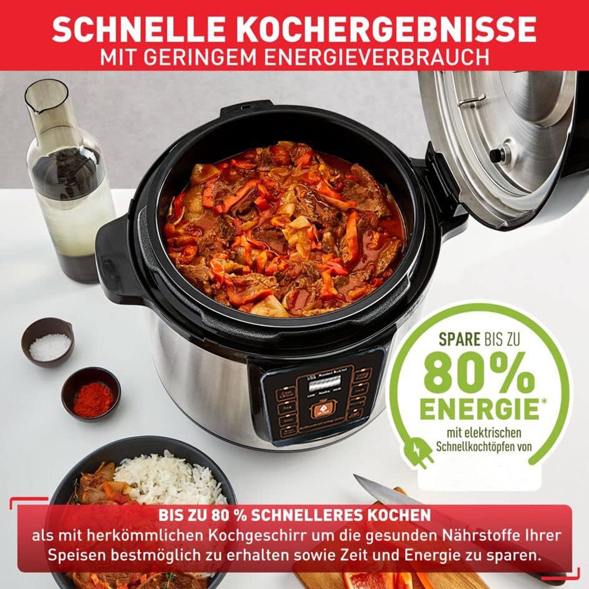 ibettertec Reiskocher Digitaler Reiskocher mit Dampfgarer, Schnellkochtopf 8 Programme, 6 Liter Schnellkochtopf, Schongarer, Warmhaltefunktion, Timer – Bild 4 von 5