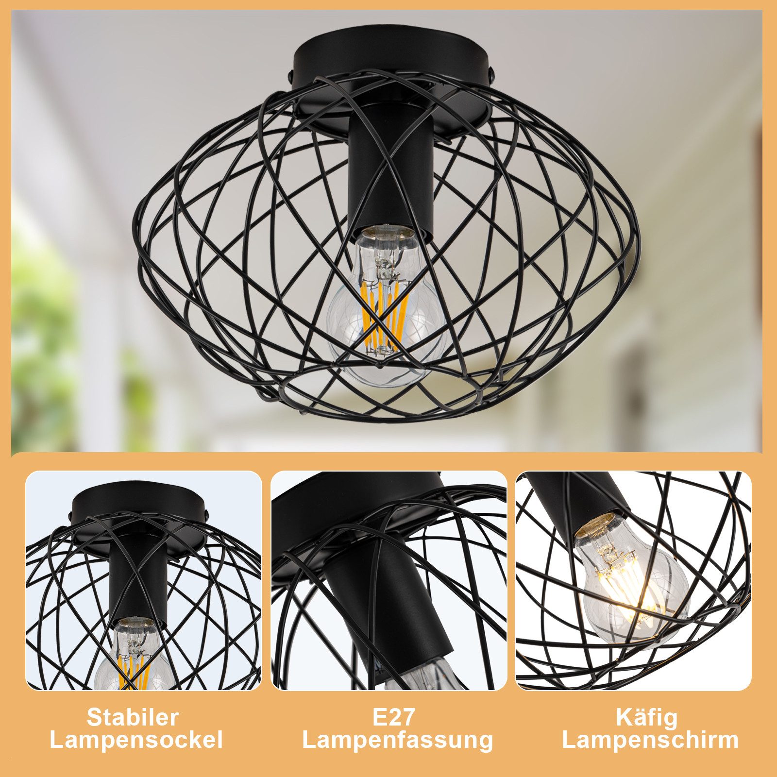 Nettlife Deckenleuchte Schwarz Vintage Kaefig Deckenstrahler E27 Lampenfassung Metall, LED wechselbar, Einzeln Esszimmerlampe für Wohnzimmer Küche Schlafzimmer  – Bild 5 von 5