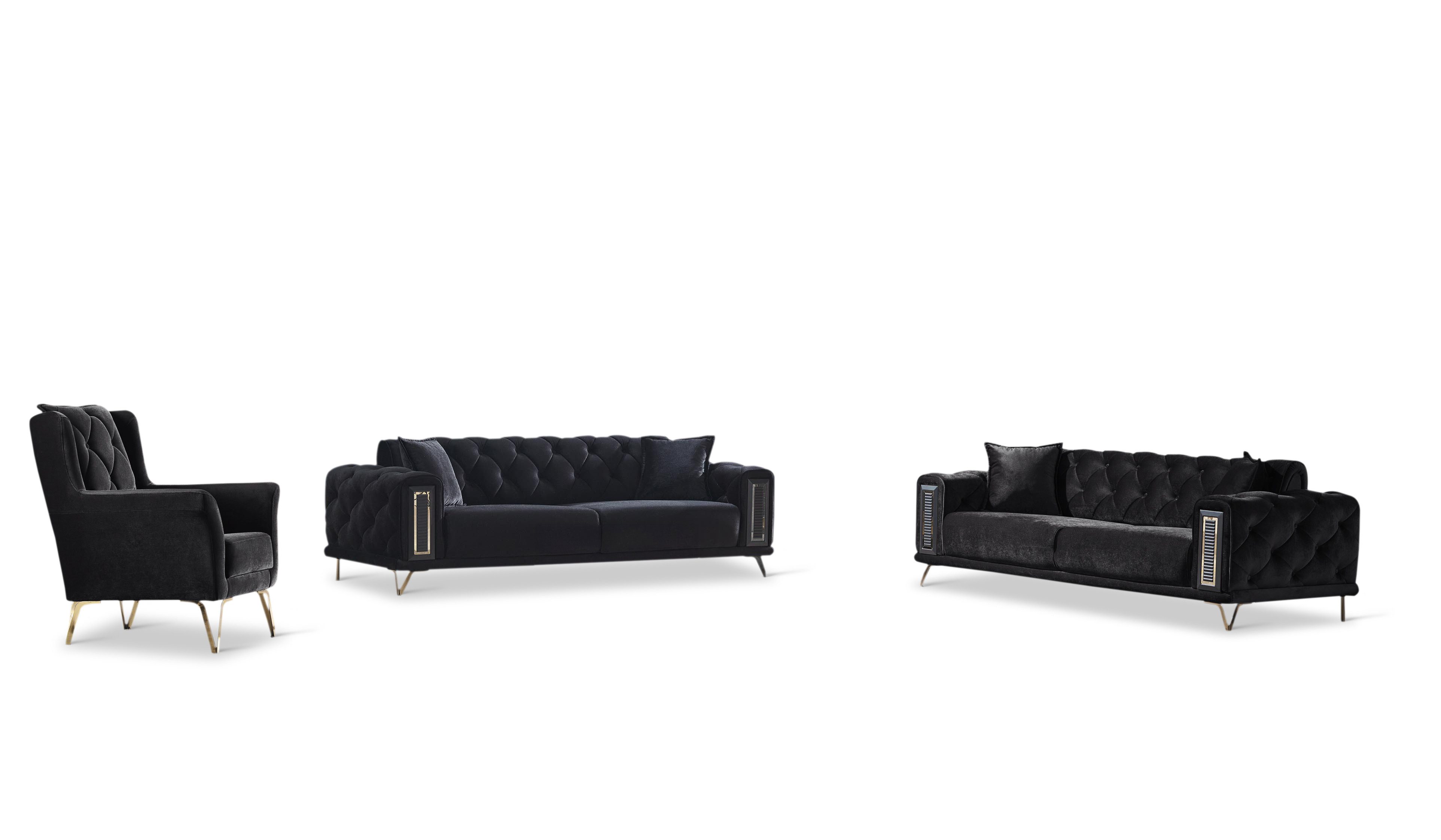 Palms-Store Sofa Set Celine aus schwarzem Samt mit Knopfheftung, 3-Sitzer mit Schlaffunktion