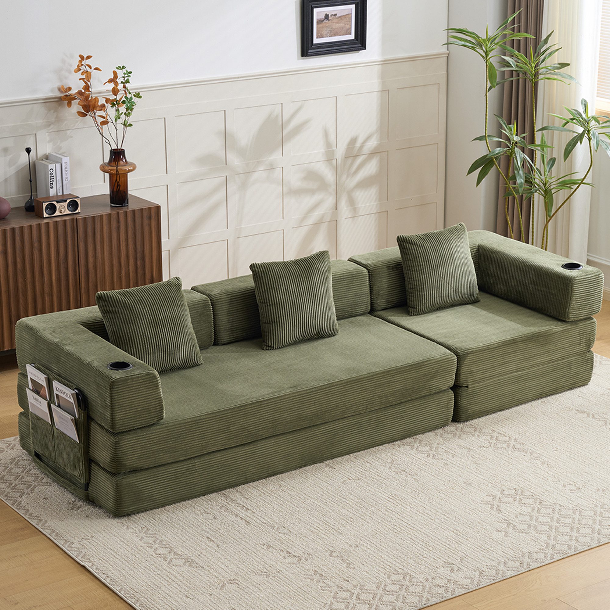 Leawin Sofa Sofas Wohnzimmer, 3-Sitzer Schlafsofa aus Cord mit Cupholder, Faltbares Sofa mit Seitentaschen, Liegefunktion und ohne Montage