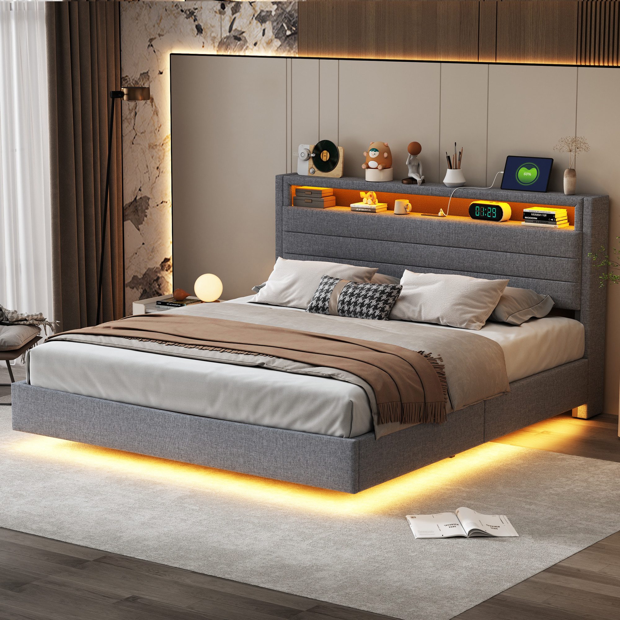 Flieks Polsterbett, LED hydraulisches Schwebebett Doppelbett günstig online kaufen