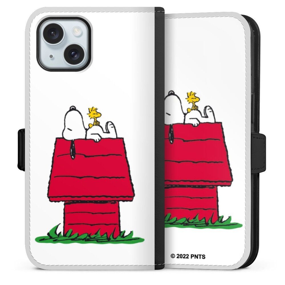 DeinDesign Handyhülle Snoopy Offizielles Lizenzprodukt Peanuts Snoopy and Woodstock Classic, Apple iPhone 15 Hülle Handy Flip Case Wallet Cover Handytasche Leder
