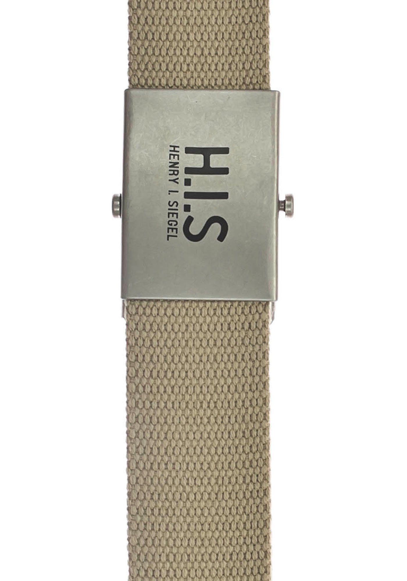 H.I.S Stoffgürtel Bandgürtel Logo Koppelschließe auf cremeweiß mit der H.I.S