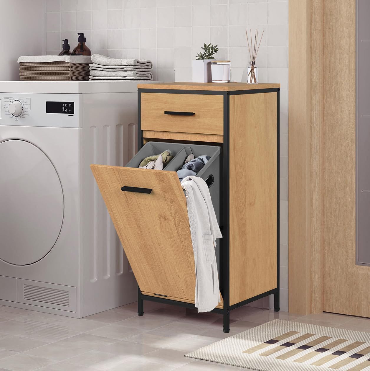 EUGAD Badkommode (1 St), Badezimmerschrank mit faltbarem Wäschesack, 38x80x34cm