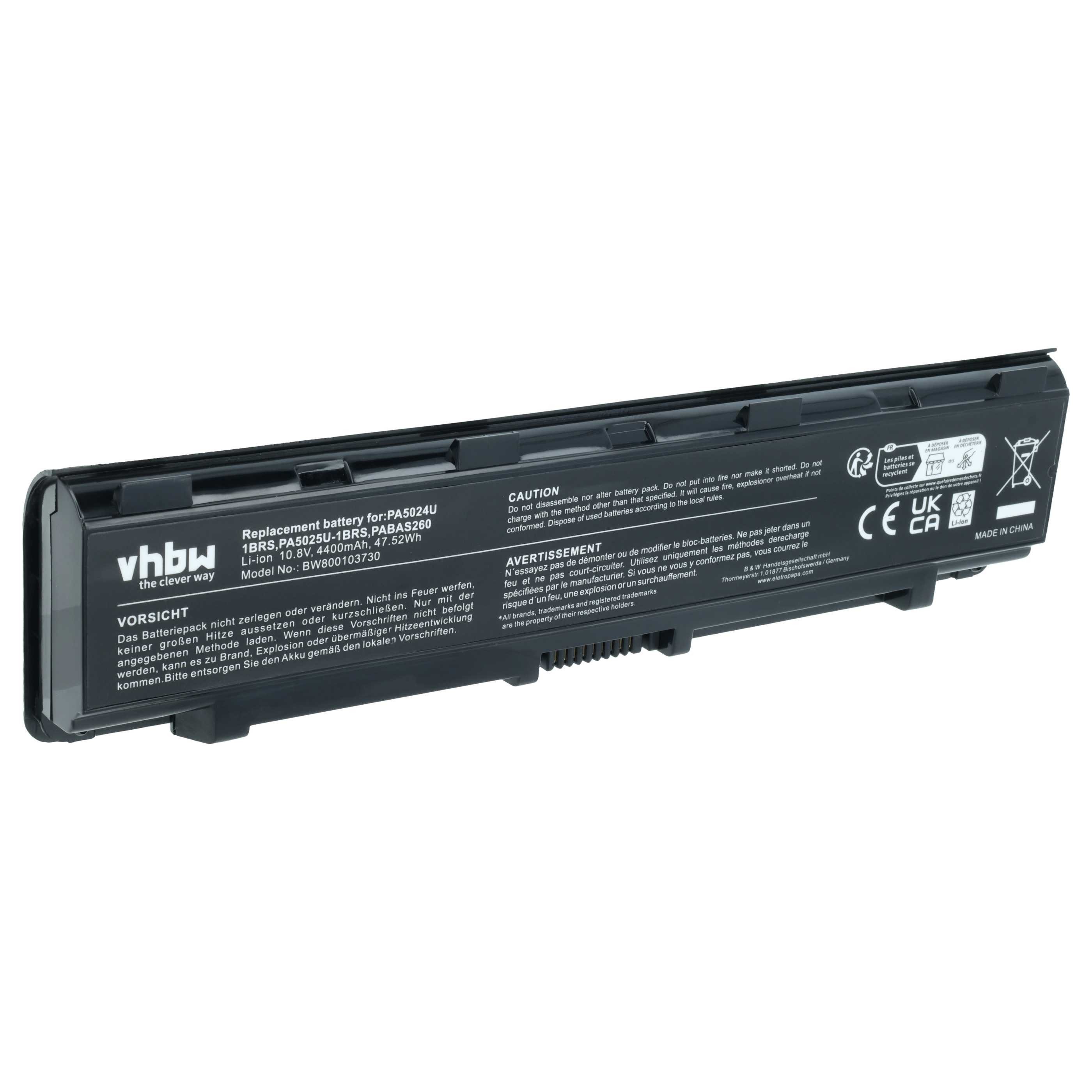 vhbw vhbw Akku Ersatz für Toshiba PABAS272, PABAS273 für Notebook (4400 mAh Laptop-Akku Akku Li-Ion 4400 mAh (10,8 V, 1 St), Leistungsfähiger Austausch-Akku für Notebook, Wiederaufladbar, Jede