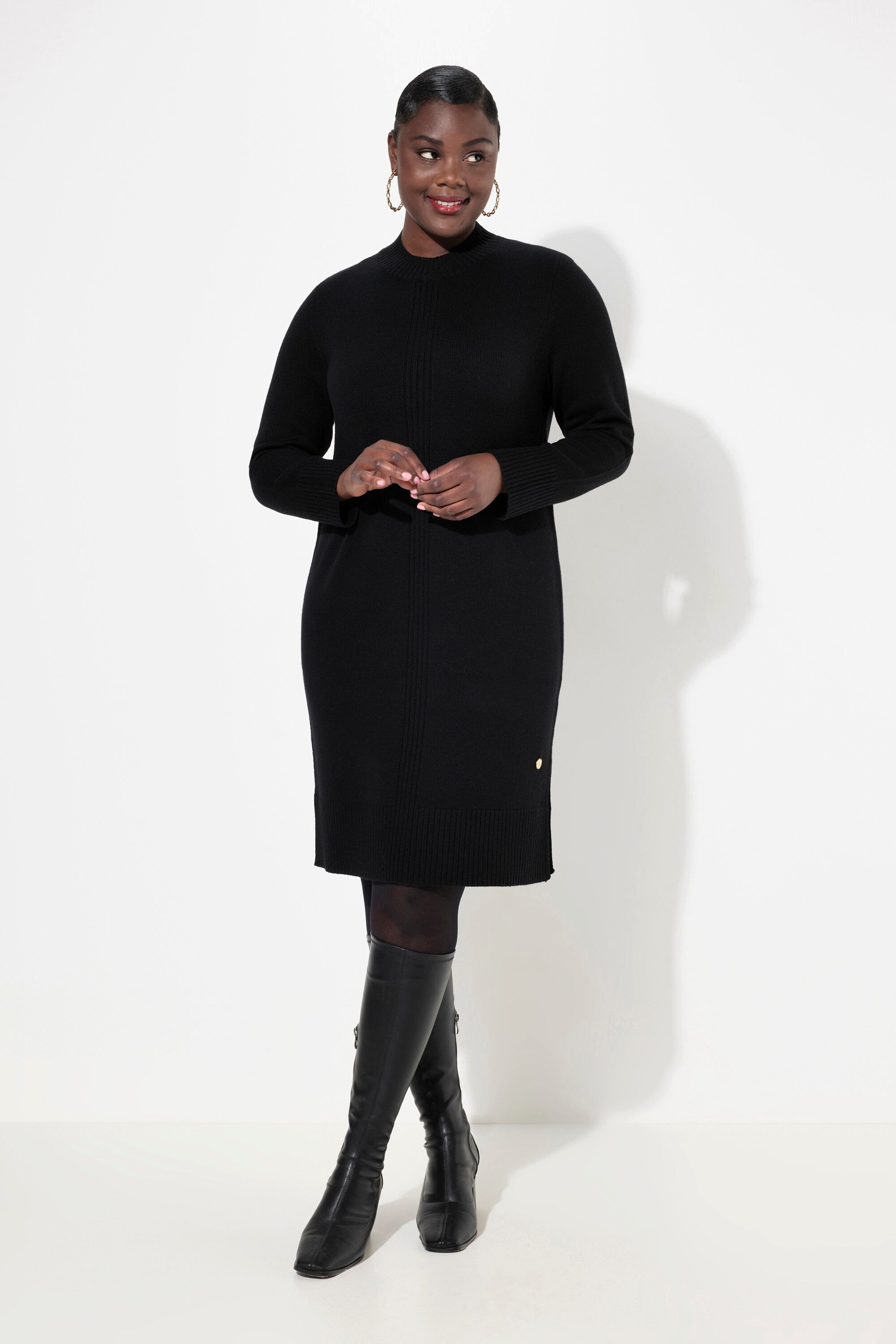 Midikleid Strickkleid Rippstrickstreifen Stehkragen Langarm