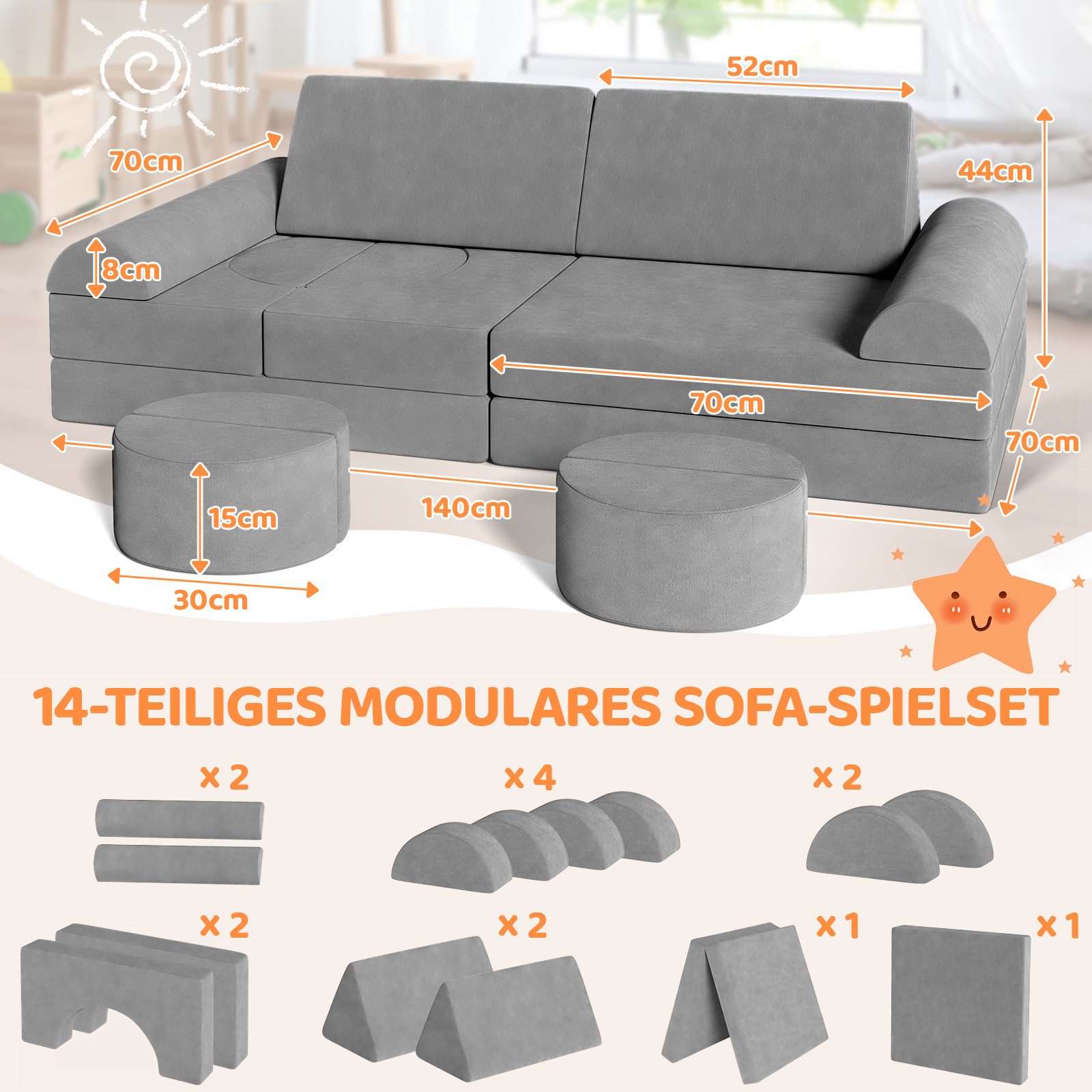TLGREEN Kindersofa 15-teilig–Spielsofa aus weichem Samt & hochdichtem Schau günstig online kaufen