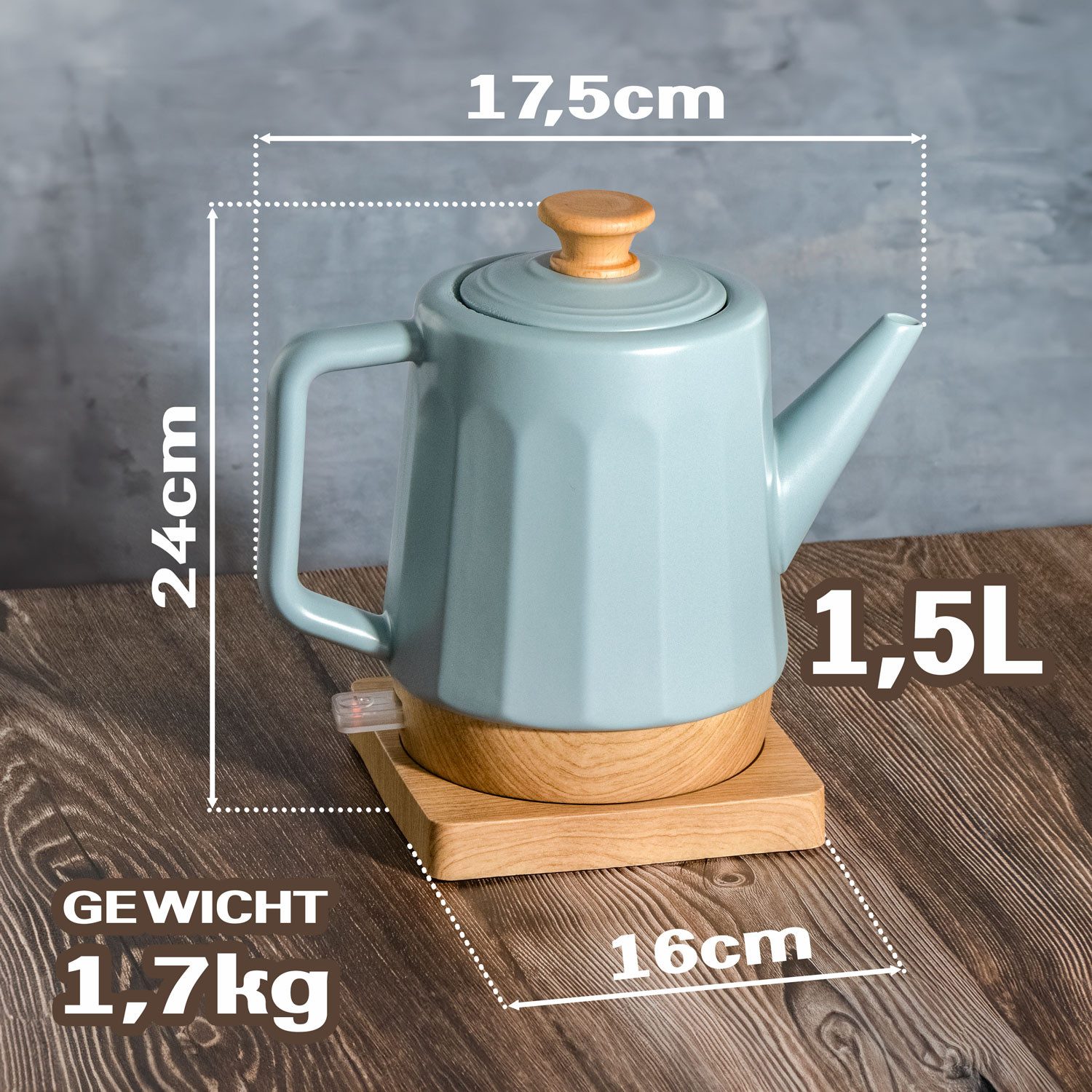 KVOTA Wasserkocher elektrisch, aus Keramik, 1,5 Liter, Grau-Blau "Harmonie" Teakettle., 1.5 l, 1500 W