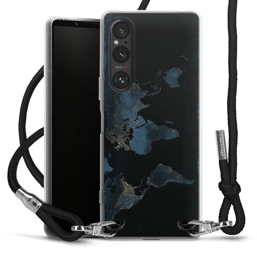 DeinDesign Handyhülle Weltkarte Landkarte Nacht Nightlight Worldmap, Sony Xperia 1 V Handykette Hülle mit Band Case zum Umhängen