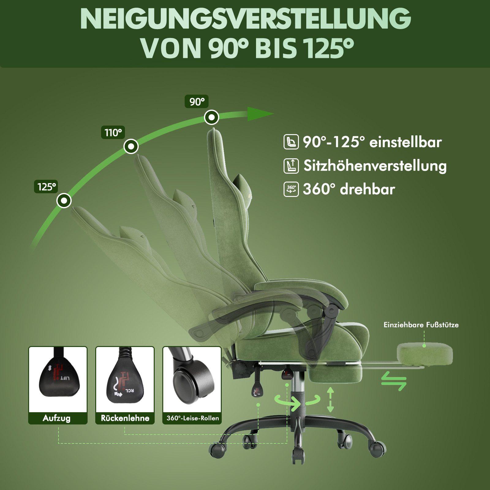 Ferghana Gaming-Stuhl Gaming-Stuhl: Kopfstütze, Lendenkissen, Armlehnen, Fußstütze (Packung), Ergonomischer PC-Stuhl,Rückenlehne 90°-125°