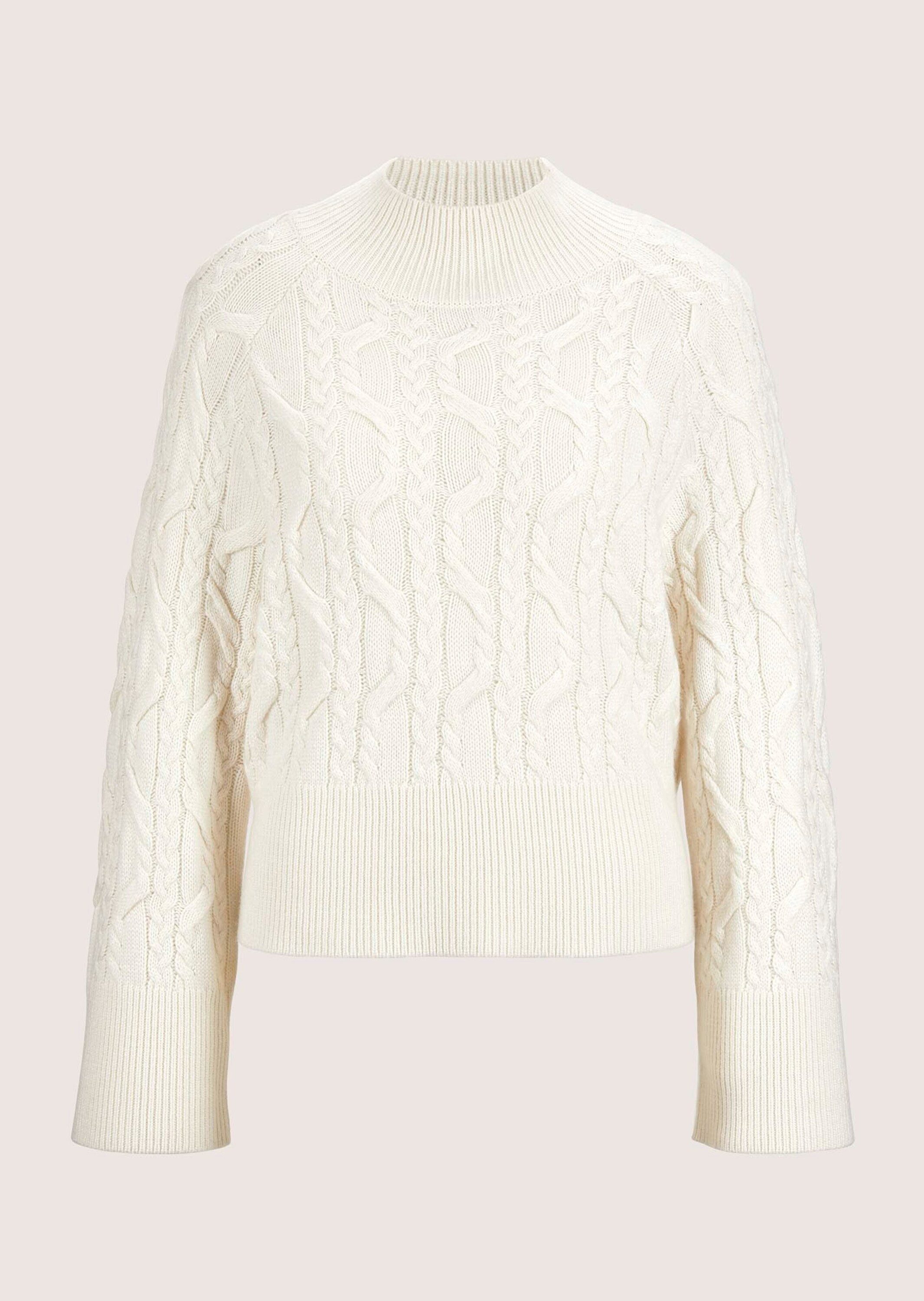 MADELEINE Strickpullover Kaschmirpullover mit Zopfmuster Wollpullover mit Stehkragen, Rippstrick-Details, lange Raglanärmel