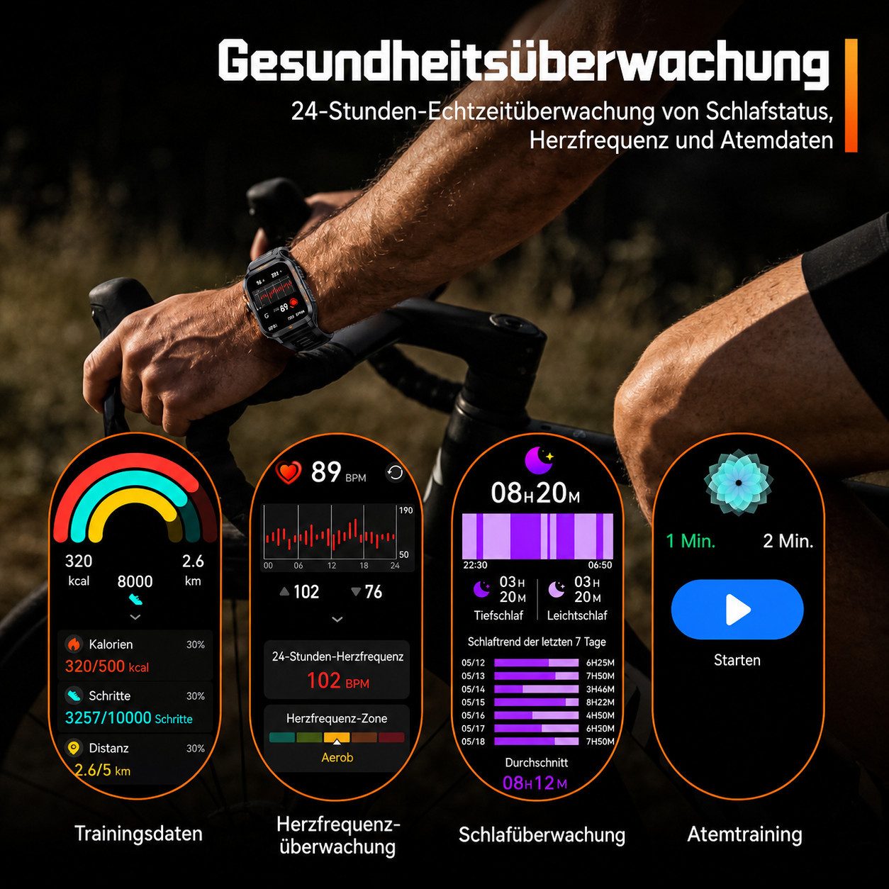 ibettertec Herren Smartwatch Outdoor mit Telefonfunktion, Smartwatch (4,98 cm/1,96 Zoll) Militärische Fitnessuhr mit Bluetooth-Anruf, LED-Taschenlampe, 100 Tage – Bild 5 von 5