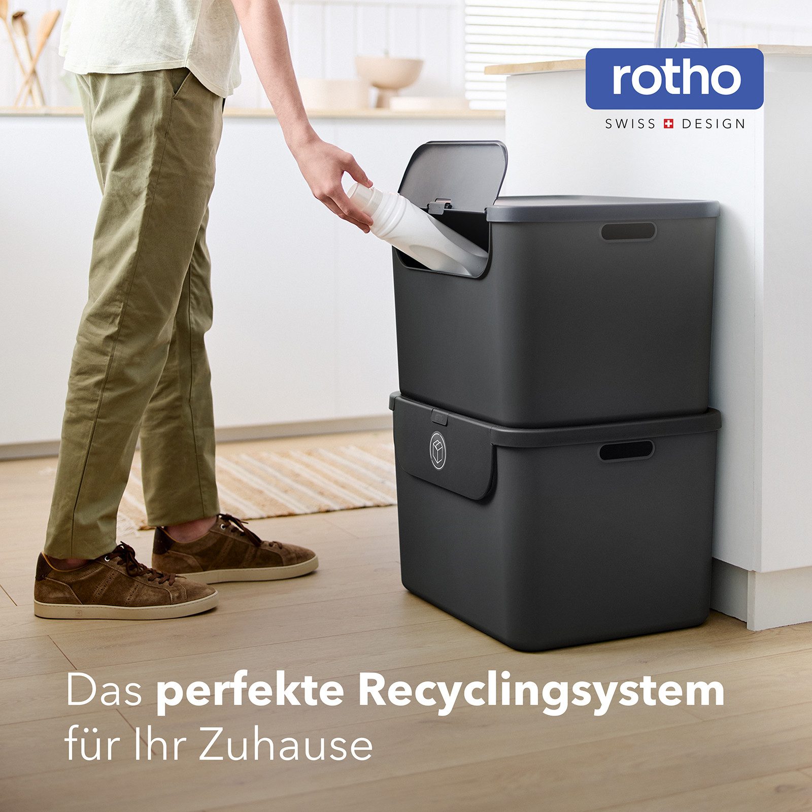 ROTHO Mülltrennsystem Albula Mülleimer 55l mit Frontklappe für die Küche – Recycling System, Behälter ideal für Mülltrennung & Recycling