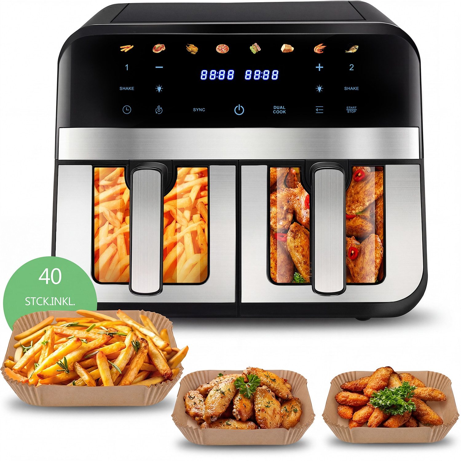 oyajia Heißluftfritteuse 9L Heißluftfritteuse RA930DSV XXL, 2 separat gesteuerte Garkammern, 2800,00 W, Touch Display, Sichtfenster, 8 Automatikprogramme/je 4,5 l pro Korb