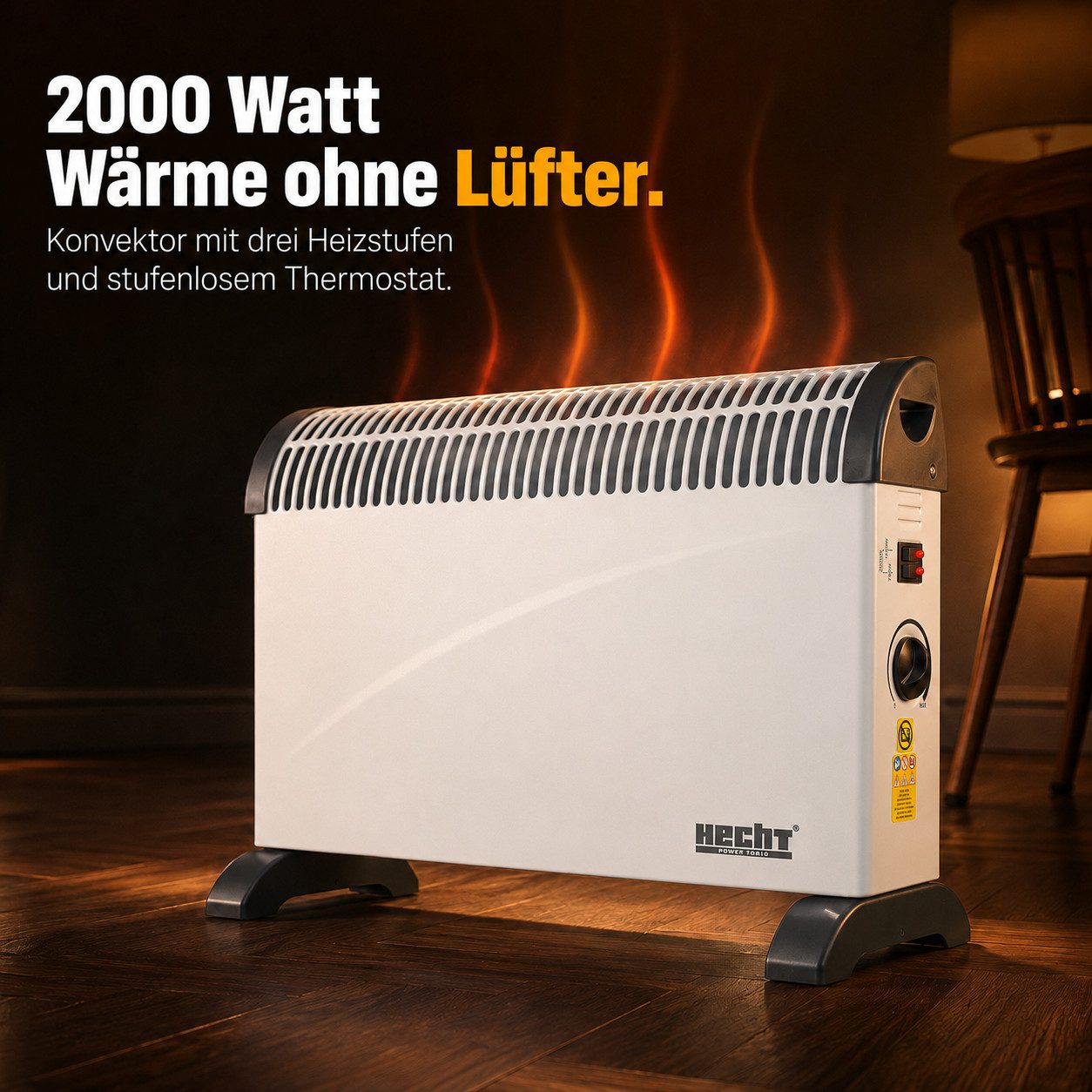 Hecht Konvektor Elektro Heizung 750-2000W 30m³ mit Standfüßen, stufenloses Thermostat, 2000 W, Tragegriff, 220-240V, 2,5kg, IP20, 3 Leistungsstufen – Bild 2 von 5