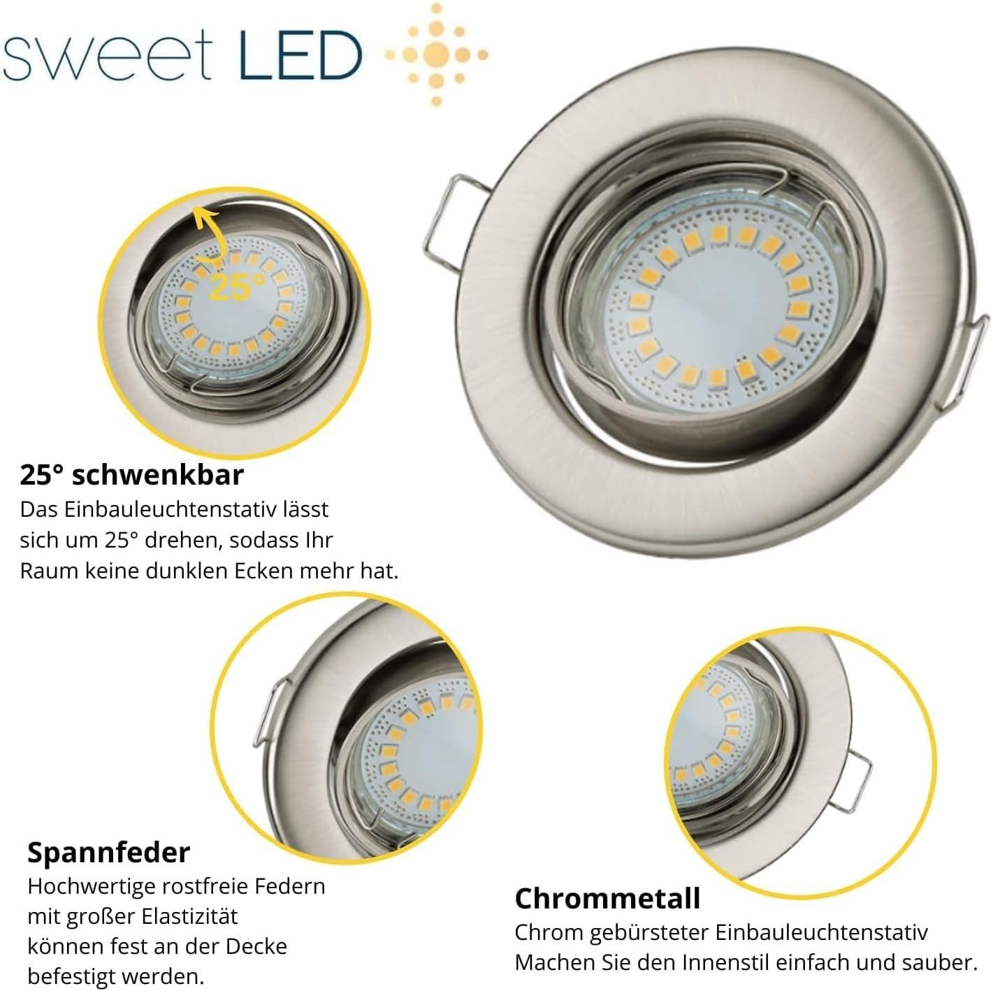 Sweet LED LED Einbaustrahler GU10 6er SET Deckenspot 5W 230V 3000K schwenkbar Chrom, Deckenspots, Deckenstrahler,Einbauleuchten