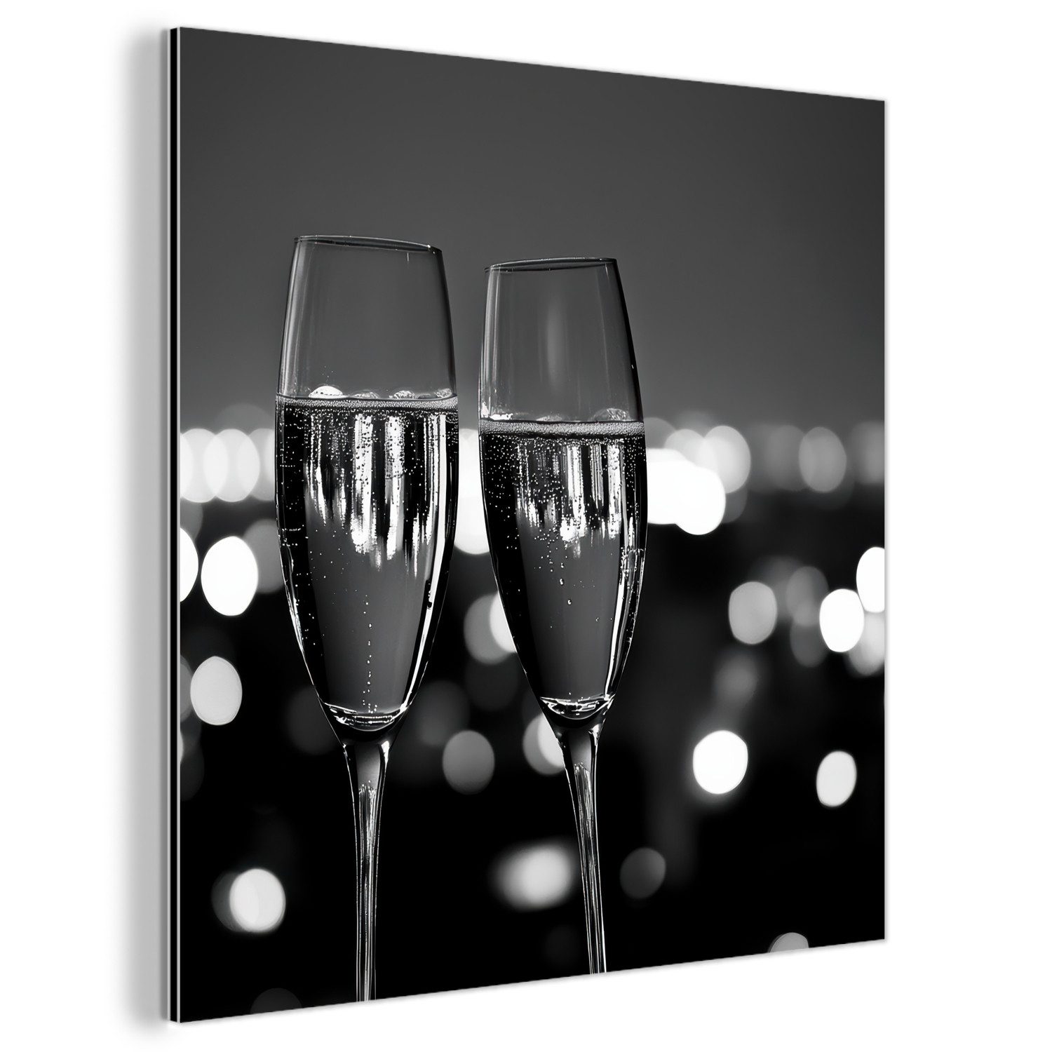 MuchoWow Metallbild Seifenblasen - Prost - Champagnergläser - Lichter der Stadt, Inkl. Aufhängung, Alu-Dibond-Druck, Wandbild aus Metall, Aluminium deko, 20x20 cm