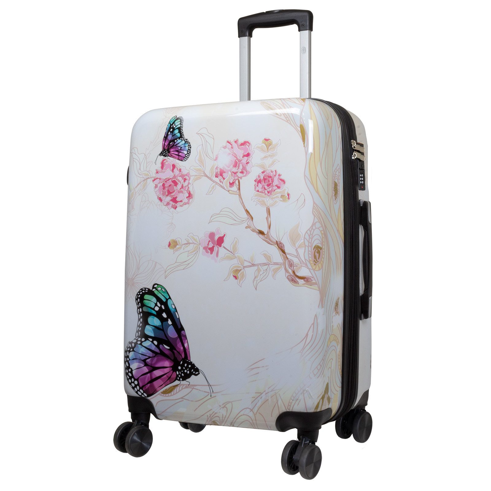 Trendyshop365 Hartschalen-Trolley Hartschalenkoffer mit Schmetterlings-Motiv und Doppelrollen, Zahlenschloss, Dehnfalte, Schmetterling