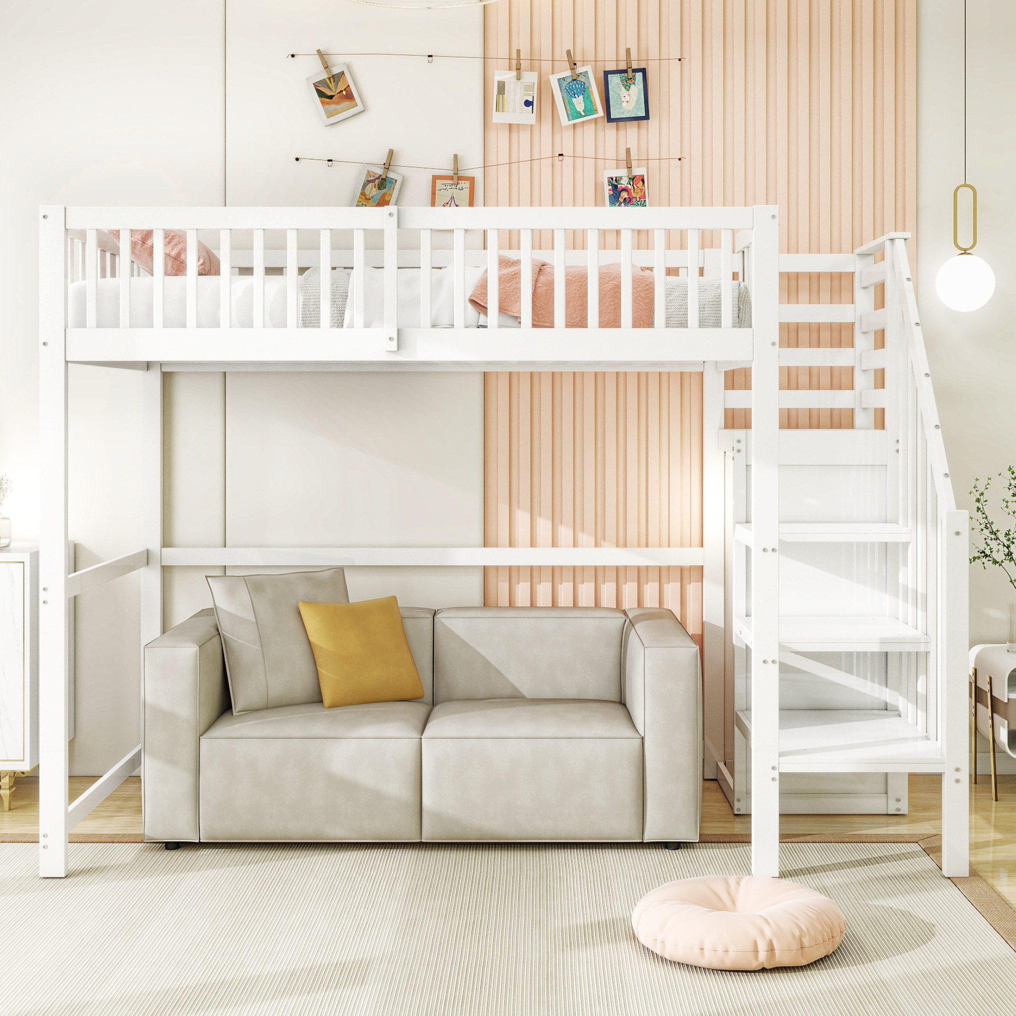 Flieks Hochbett Massivholz Kinderbett 90x200cm mit Treppe und Kleiderstange günstig online kaufen