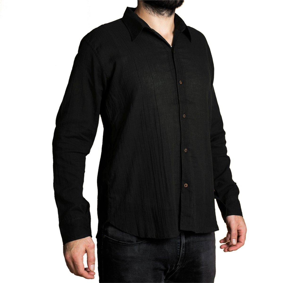 PANASIAM Langarmhemd Unisex Sommerhemd mit Kragen aus weicher reiner Baumwolle Freizeithemd für Sie & Ihn mit Holzknöpfen Wohlfühlhemd
