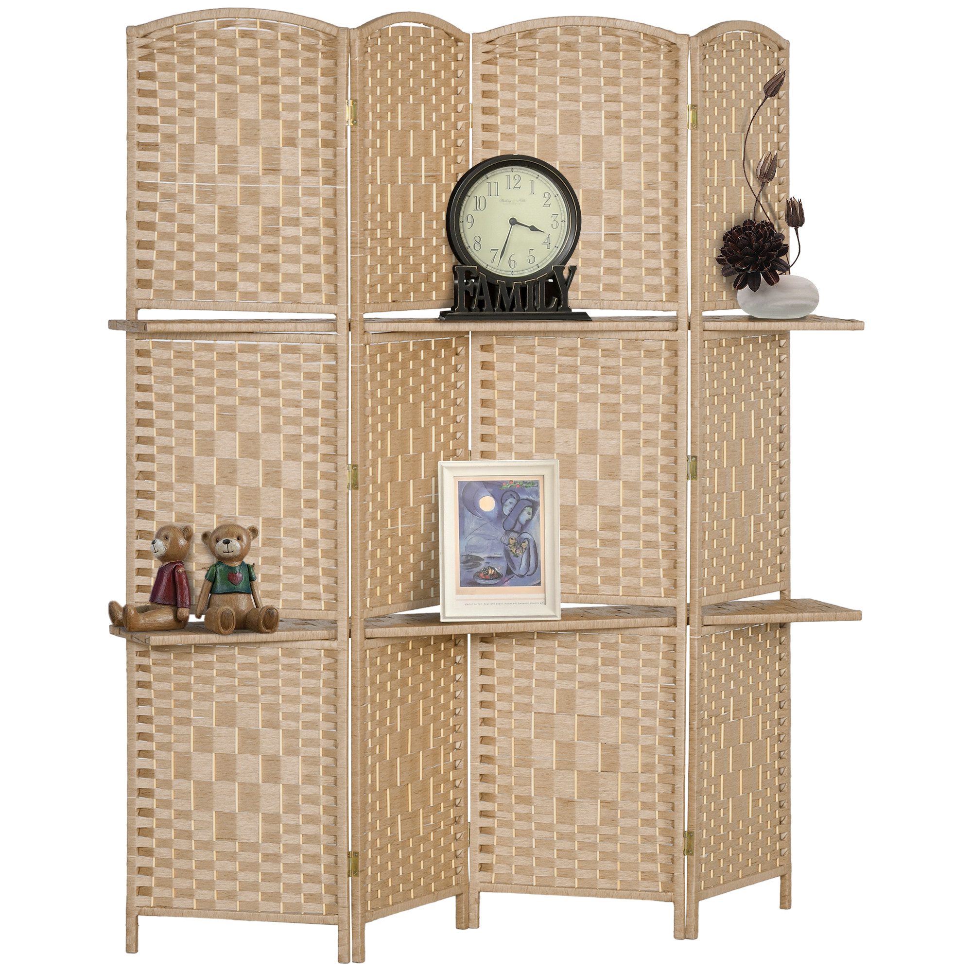 HOMCOM Paravent Raumteiler, 160 x 170 cm, Trennwand, Kiefernholz (Set, 4 St., 4-teilig, mit 2 Regalen), 4-teilig, faltbar, mit 2 Regalböden
