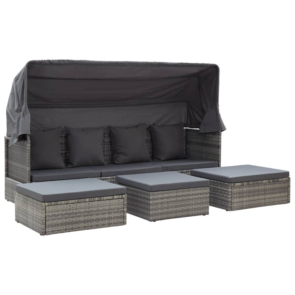 vidaXL Gartenliege, Garten-Sonneninsel mit Dach Grautöne Poly Rattan